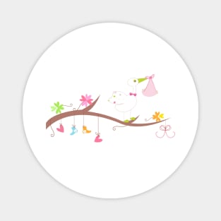 Baby arrival card with hearts, flower, clothes and stork Magnet